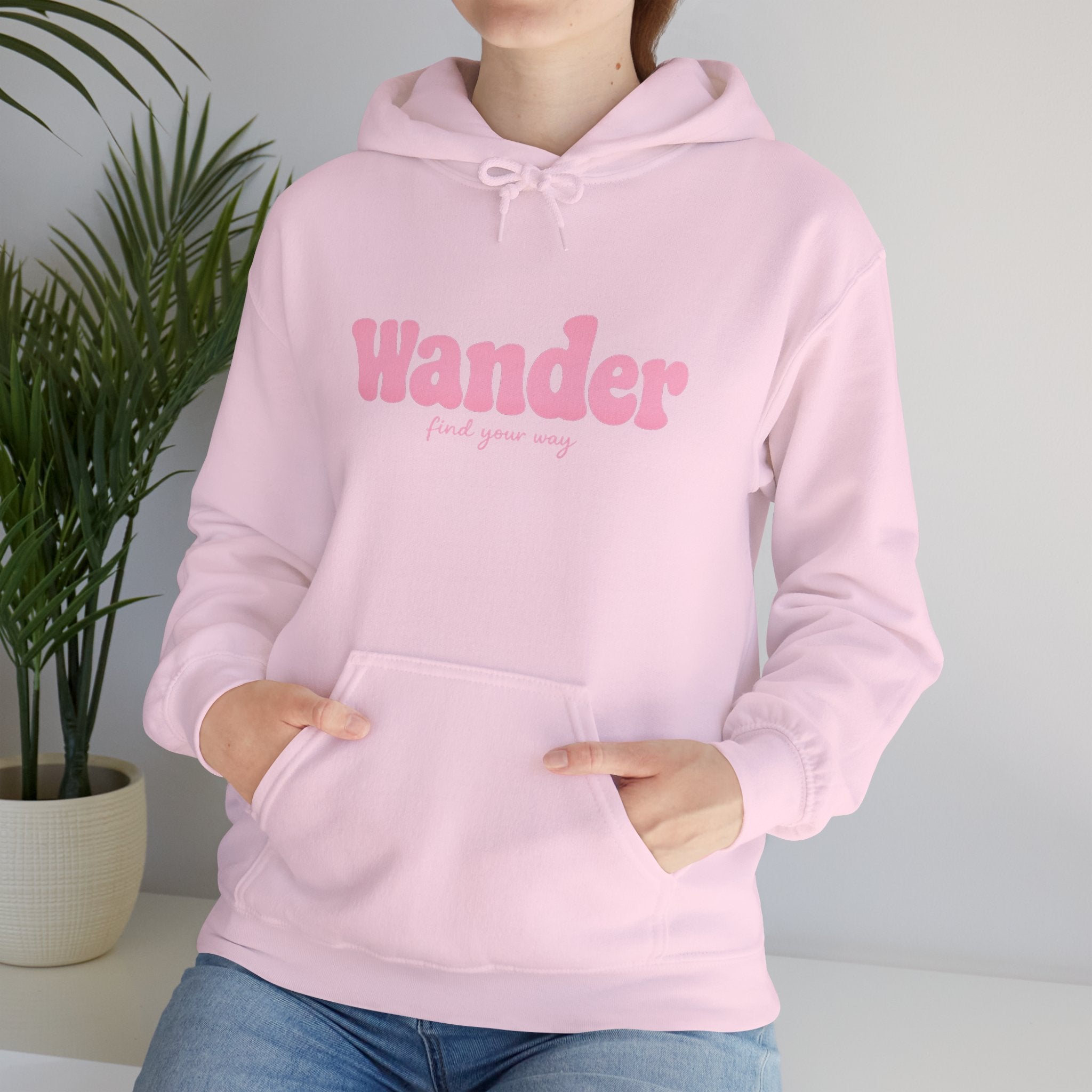 Wander Pink Hoodie — Cozy Travel-Inspired Graphic Sweatshirt